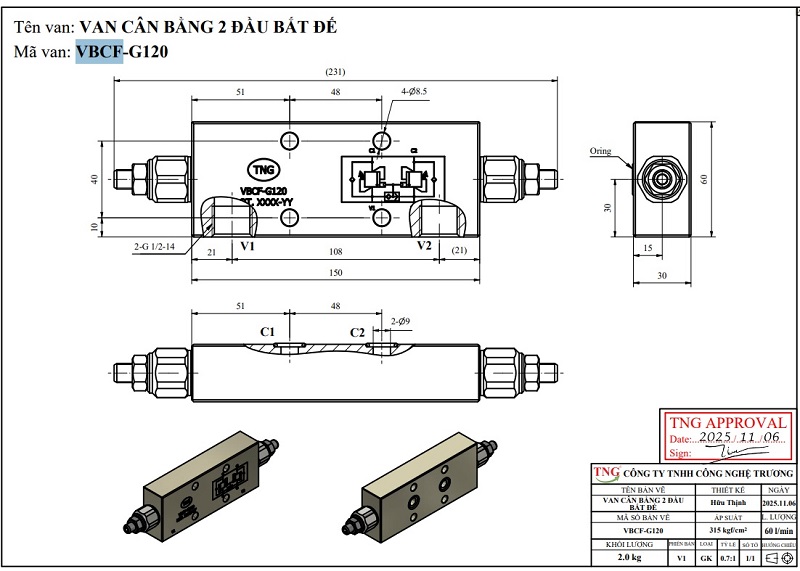 Thông số khác của sản phẩm Van Cân Bằng 2 Đầu Bắt Bích VBCF G1/2