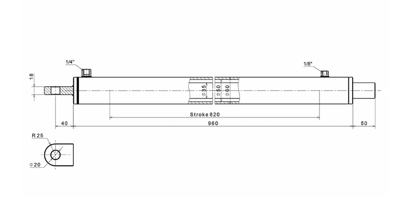 Bản vẽ xi lanh thủy lực bửng nâng hành trình 820mm